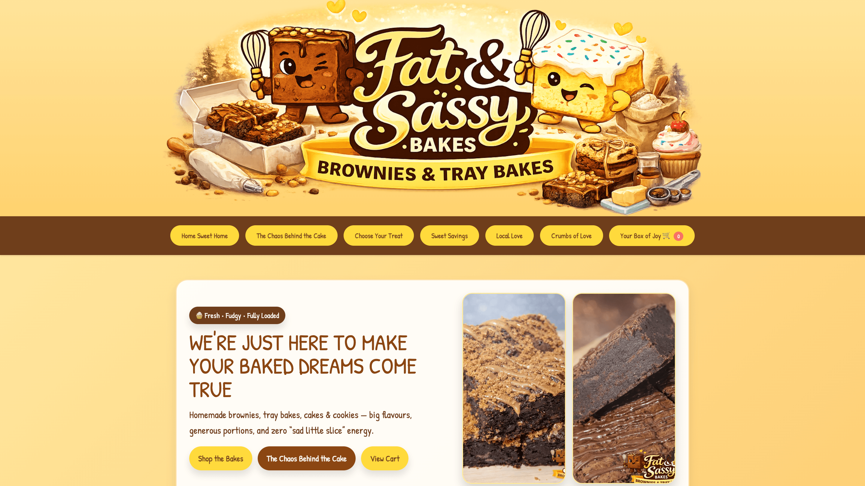 Screenshot of the Fat & Sassy Bakes desktop website, with its illustrated bakery branding, navigation and product imagery