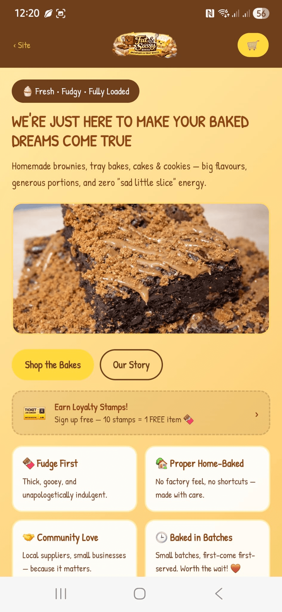 Mobile view of the Fat & Sassy Bakes web app showing the bakery website and loyalty stamps invitation