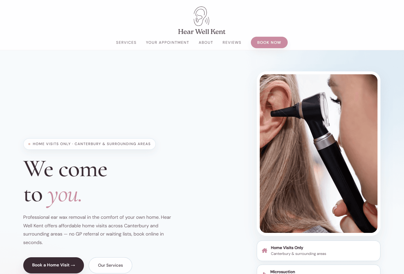 Screenshot of the live Hear Well Kent website homepage